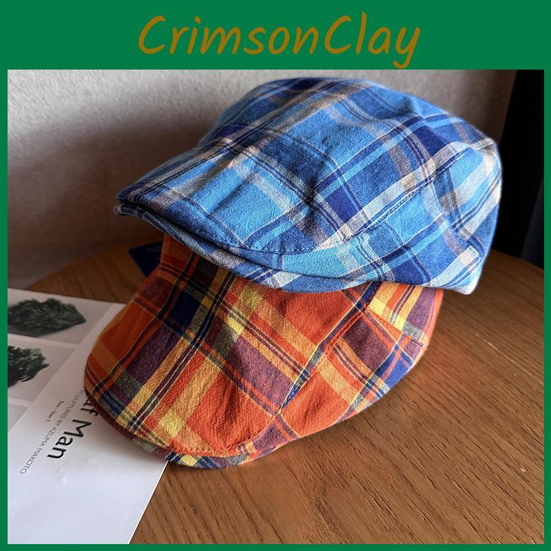 Clashing Color Grid Summer Breathable Cotton Blended Beret Hat Women Fashion