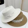 French lace bow hemming straw woven flat top top hat women's summer travel put ultraviolet sunshade big edge straw hat
