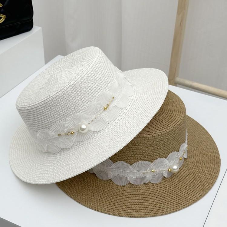 French lace bow hemming straw woven flat top top hat women's summer travel put ultraviolet sunshade big edge straw hat