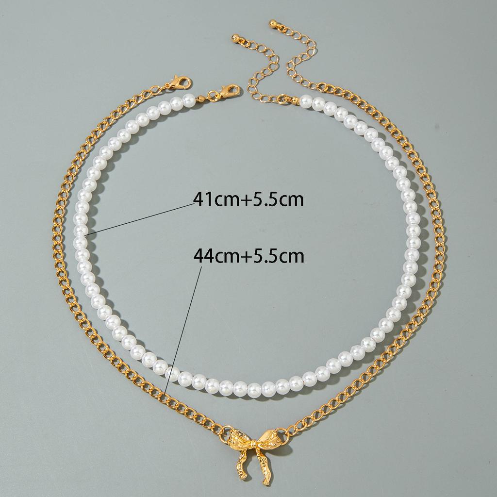 Accessories, Korean temperament double-layer stacked pearl necklace, simple alloy bow collarbone chain