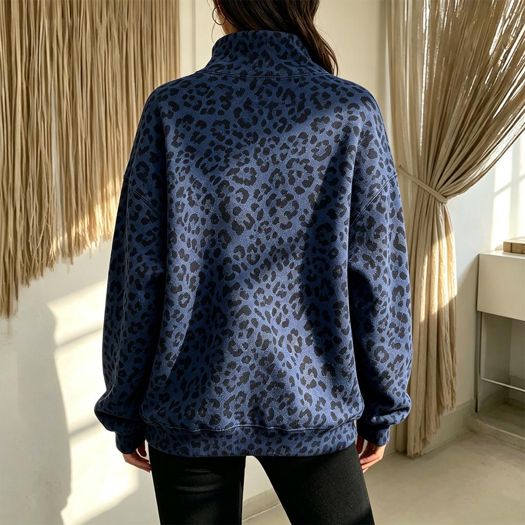 Women's Casual Loose Fit Leopard Print High Neck Long Sleeve Sweatshirt Top for Fall and Winter