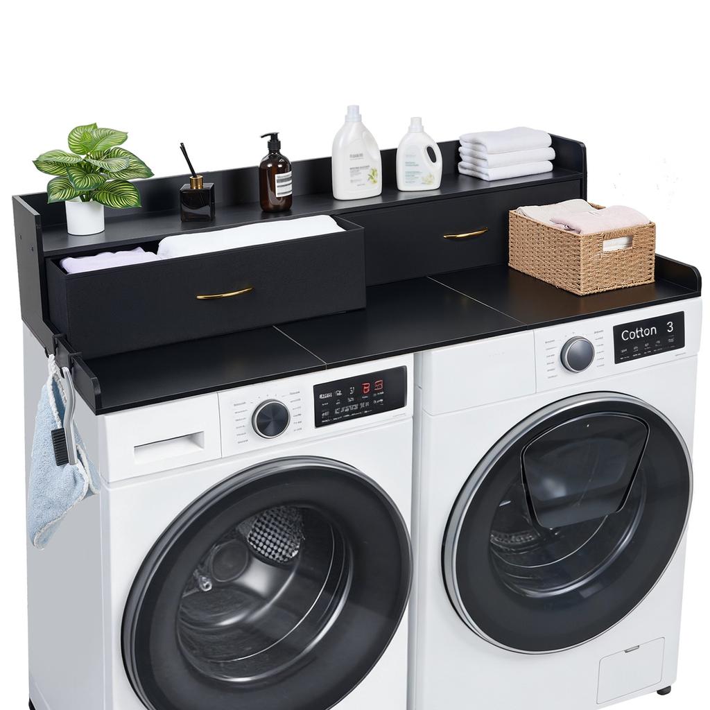 VEVOR Washer Dryer Countertop with Shelf, 137 X 69.9 Cm Wooden Washer and Dryer Topper with 2 Drawers & Hooks