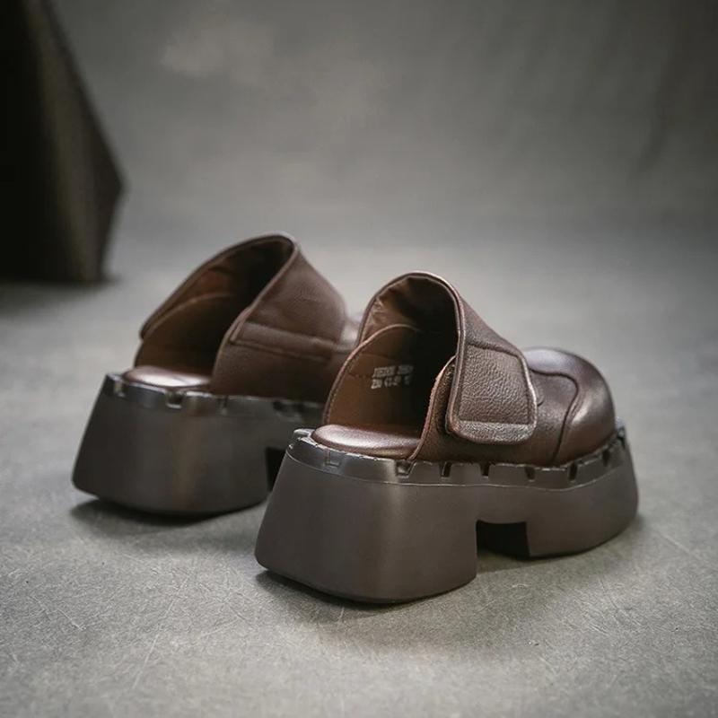 Johnature Retro Genuine Leather Outdoor Slippers Thick Heel Comfortable Slip-on Women's Platform Shoes