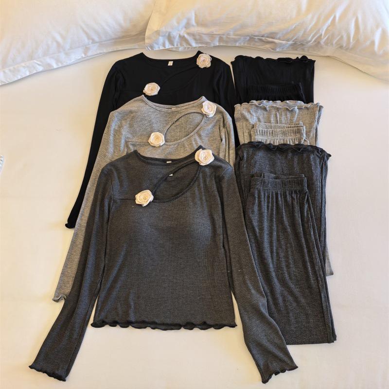 High-End Korean Spring & Autumn Women's Modal Cotton Home Wear Set with Rose Design and Chest Pad