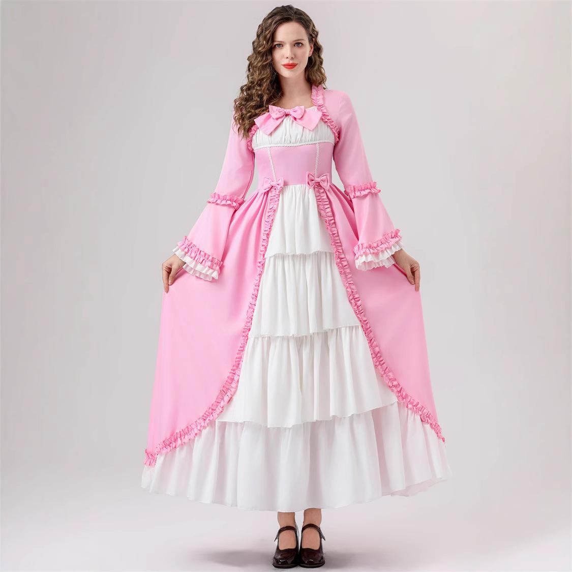 

Хэллоуин Средневековое Винтажное Придворное Платье Талия Сращивание Платье с Бантом Костюм для Выступления XL розовый