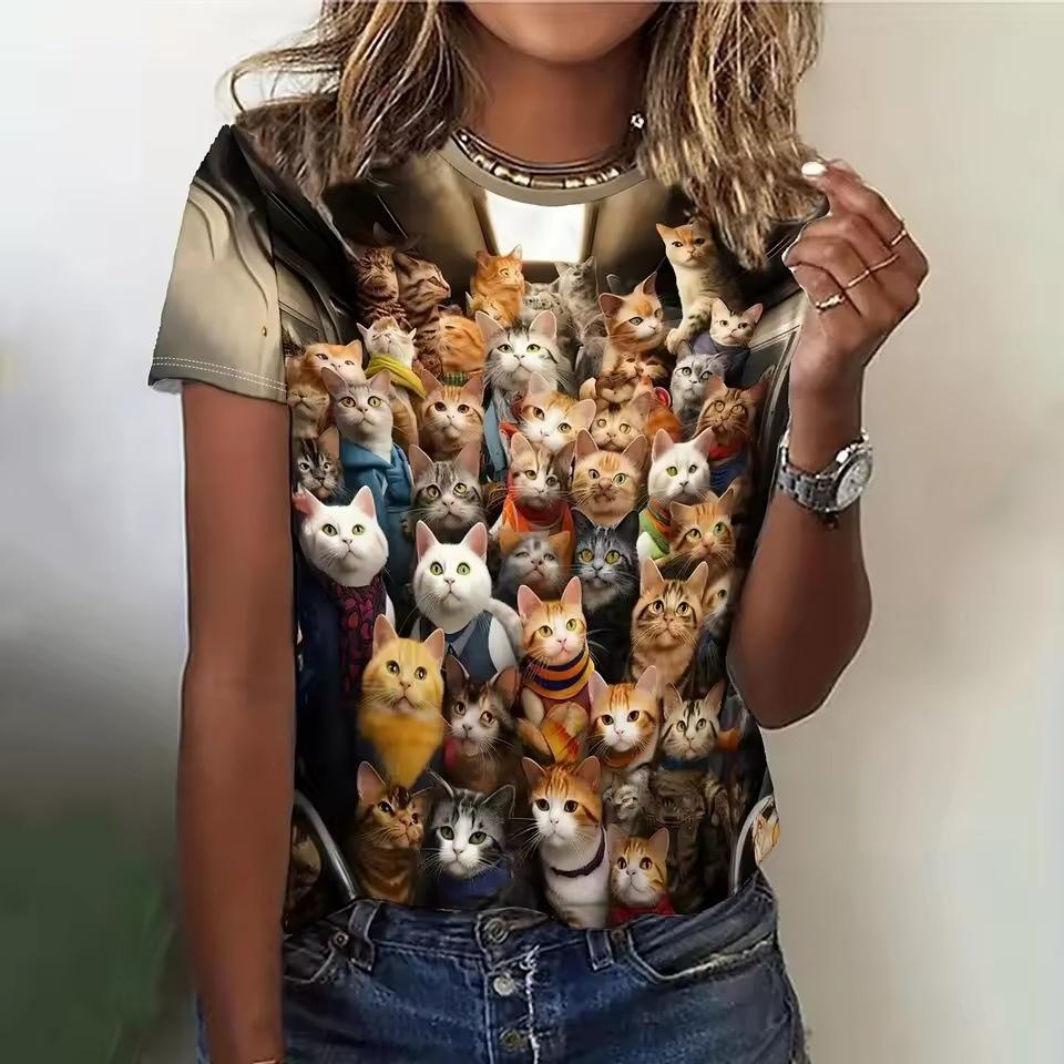 Women's T-shirt 3D Cartoon Animal Print Casual Round Neck Short Sleeved Summer Loose Top Y2k T-shirt