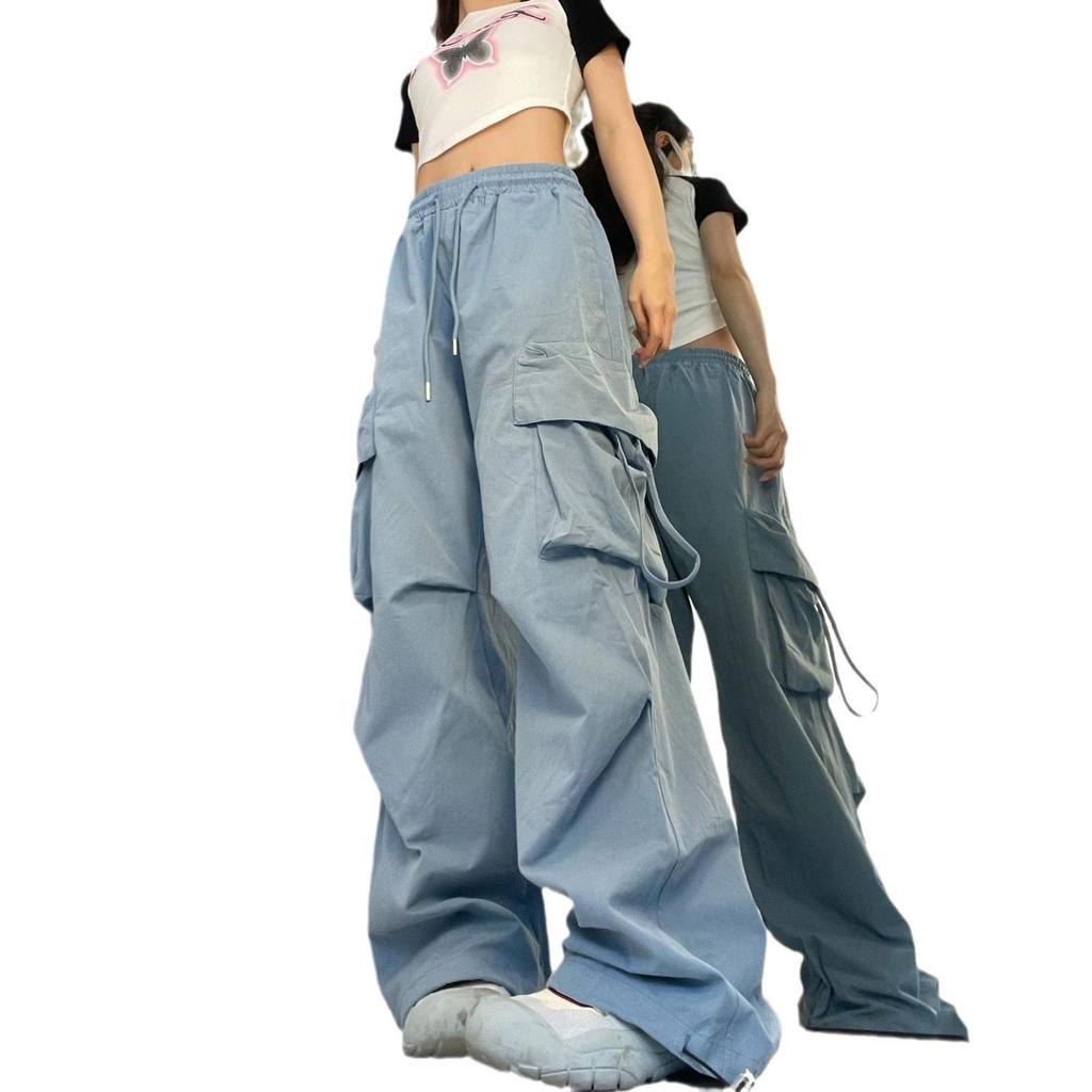 Women Loose Baggy Cargo Trousers Elastic Drawstring Y2K Trouser Wide Leg Parachute Pants with Pockets