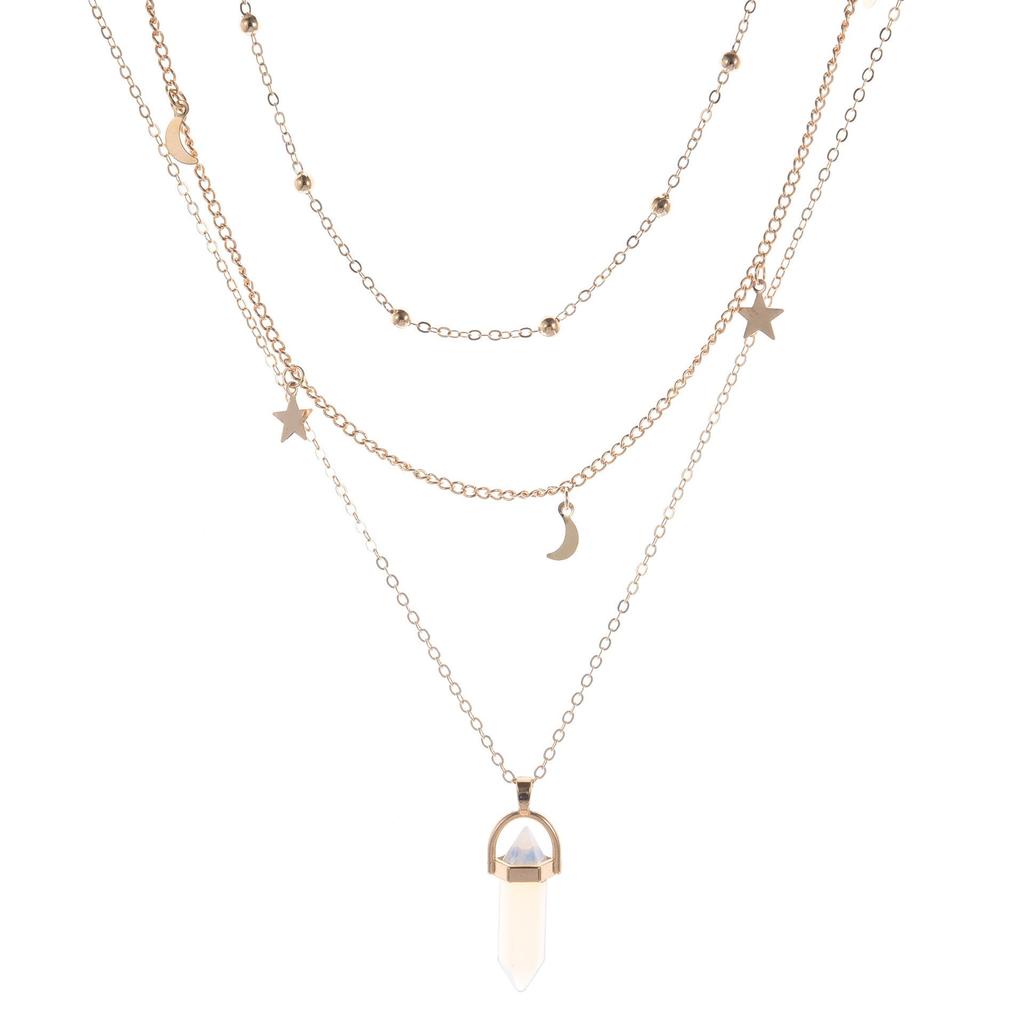 Korean Double Layer Beaded Necklace with Moon and Star Charm