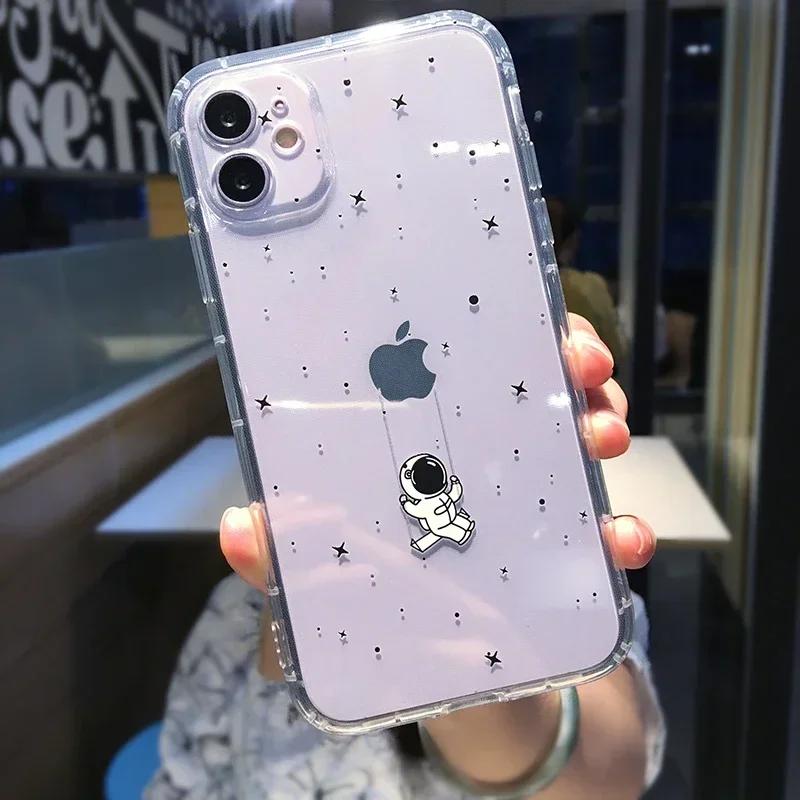 Funda de Teléfono Divertida de Dibujos Animados de Astronauta para iPhone 16 15 14 13 12 11 Pro Max Mini X XS XR 7 8 Plus Transparente Suave a Prueba de Golpes