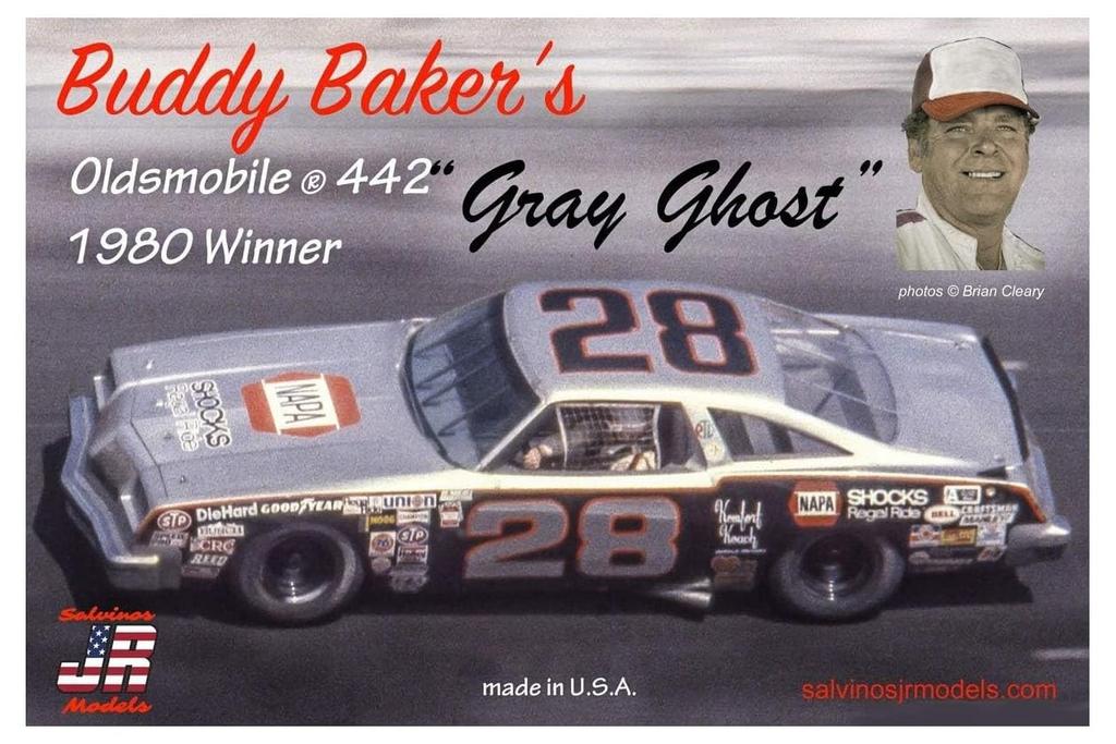 Salvinos Model Scale Plastic Model 1980 NASCAR Winning Car Oldsmobile 442 Buddy Baker Gray Ghost J.R. 1/25 Kit (SJMBBO1980D)