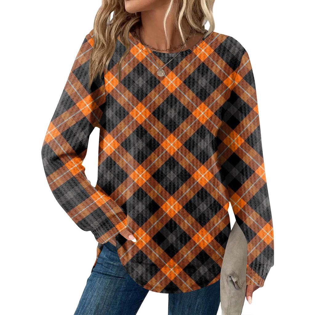 Women's Plaid Print Round Neck Long Sleeve Casual Loose Top