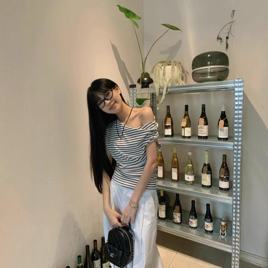 Women Spring Summer Off Shoulder Striped Sleeveless T-shirt O-Neck Slant Shoulder Blouses Pullover Top S-XXL