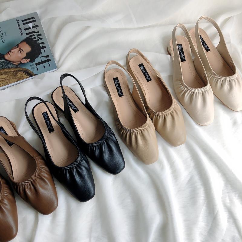 Fashion Designer Woman Pleated Slingback Sandals Solid Leather Round Low Heels Shoes Ladies Summer Rear Strap Flipflops Femmes Sandalias