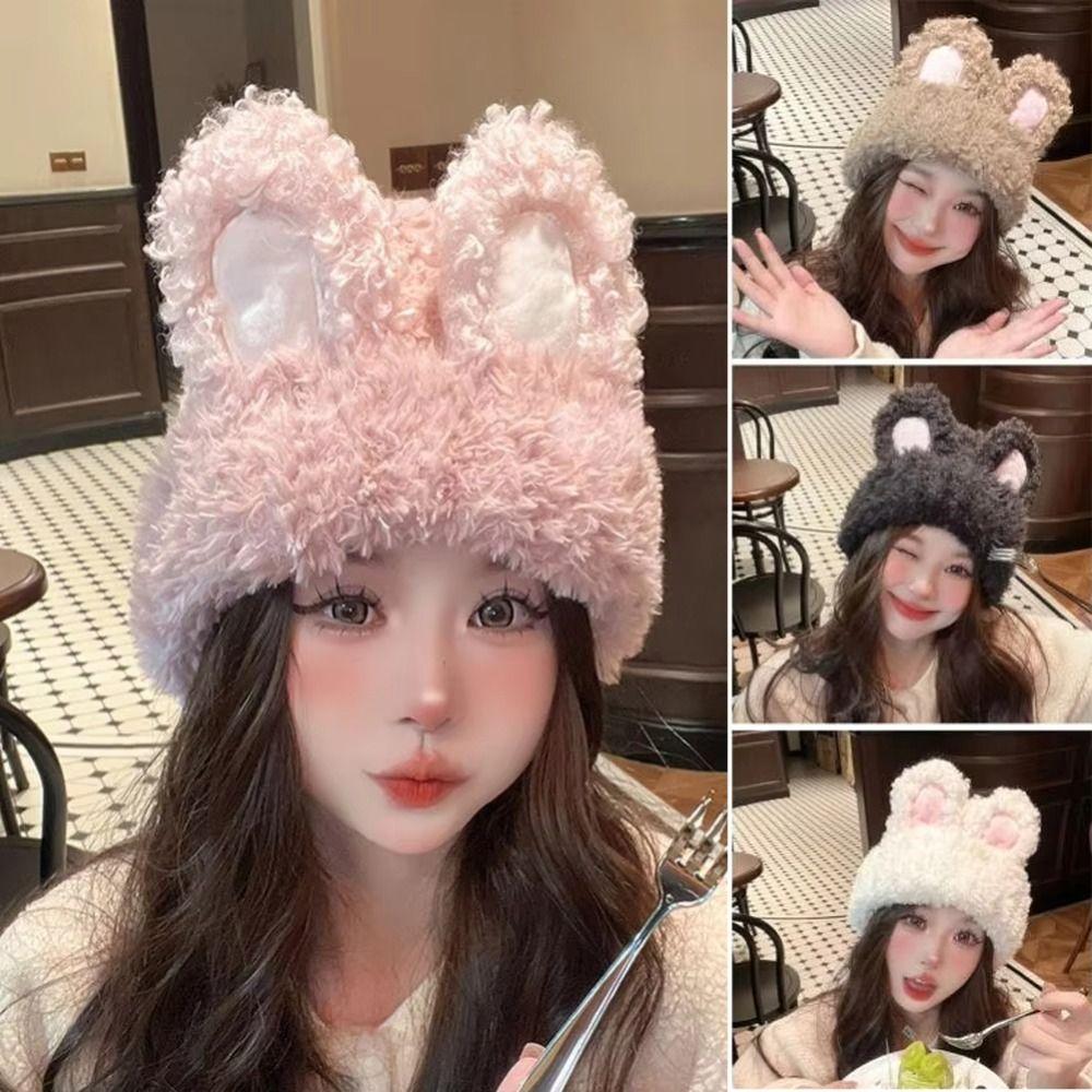 Fluffy Rabbit Ear Beanies Solid Color Winter Outdoor Warm Cap Knitted Plush Hat  Outdoor Activities