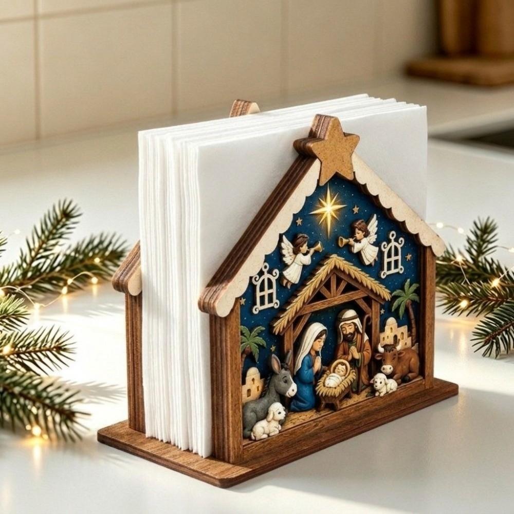Wooden Christmas Napkin Holder 2D Flat Angels Design Santa Claus Tissue Dispenser Christmas Nativity Scene Pattern