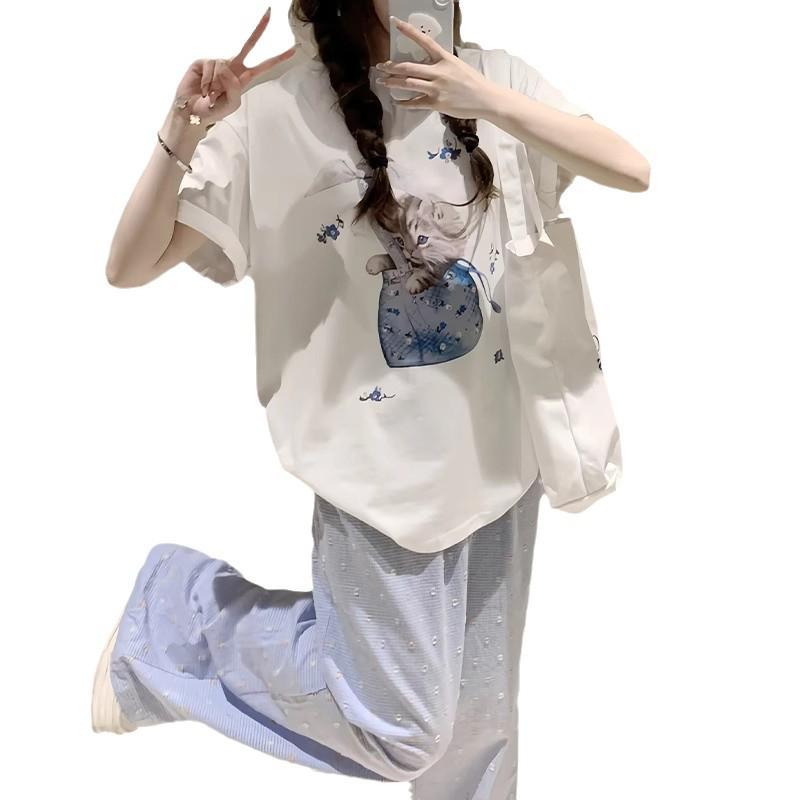 Women's Petite Blue Polka Dot Wide-Leg Summer Pants - High Waist, Thin Ice Silk Fabric