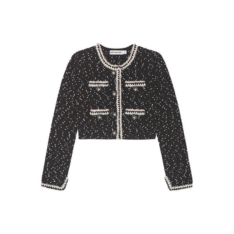Self-Portrait Snowflake Dot Light Pink Fringed Knit Long Sleeve Jacket Women jackets Black Mixed-Color SWF344M05500