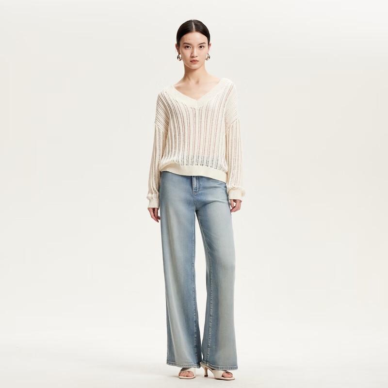 Veromoda 2025 Summer V-Neck Openwork Sequin Knit Sweater