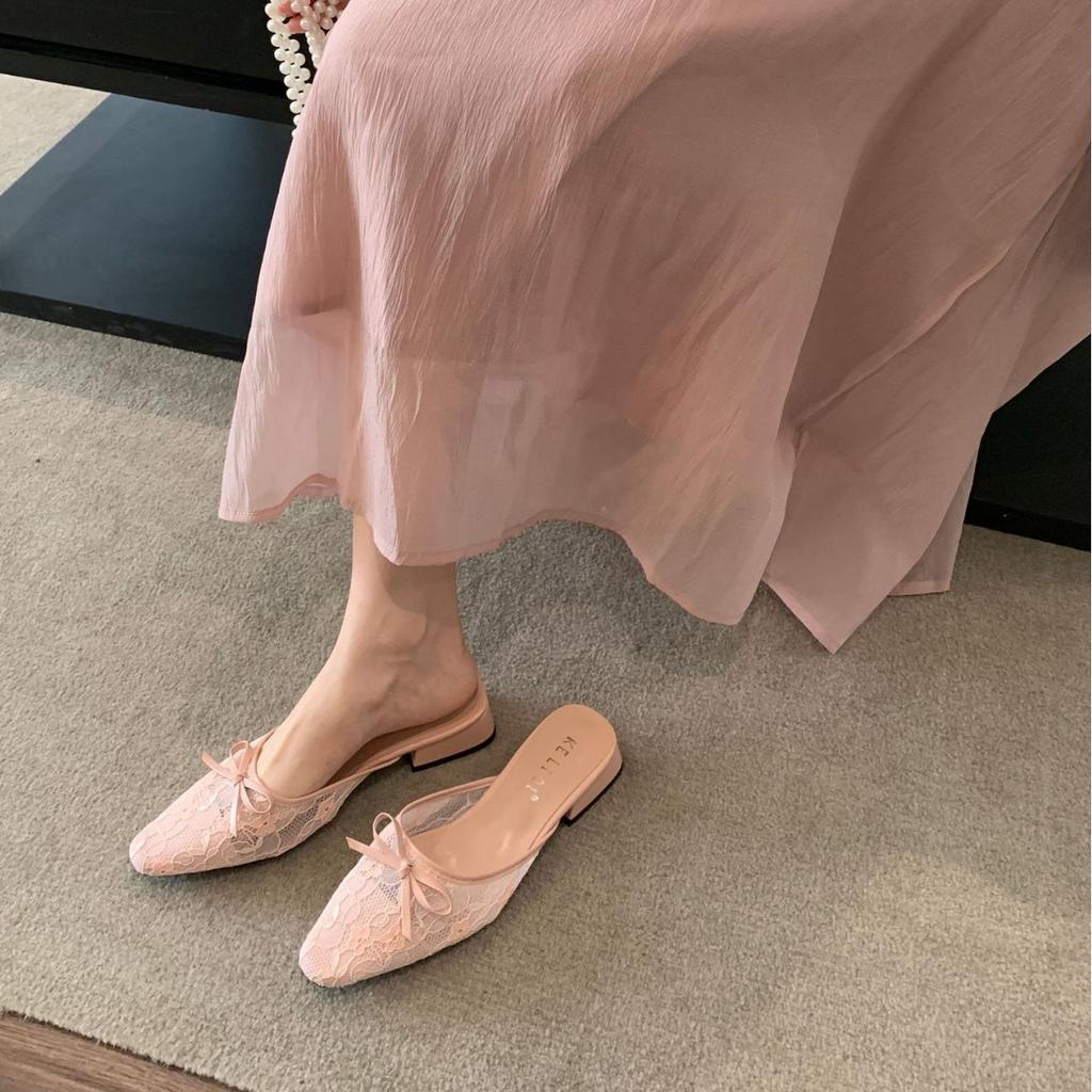 Summer 2025 New Round Head Lace Bow Thick Middle Heel Hollow Versatile Elegant Niche Half-drag Women's Sandals