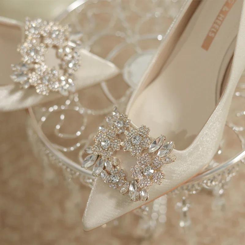 Women's Crystal Square Buckle High Heels Pumps 2024 Elegant Silk Thin Heeled Wedding Shoes Woman Slip On Pointed Toe Dress Shoes