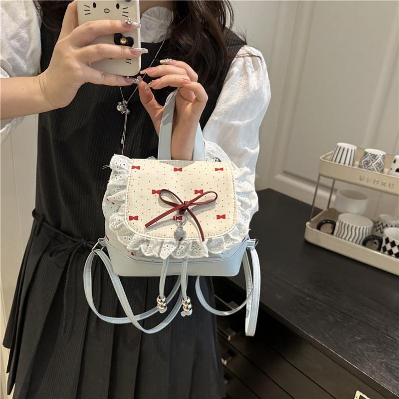 Polka Dot Ruffled Backpack for Women Trendy Bowknot Bucket Bag