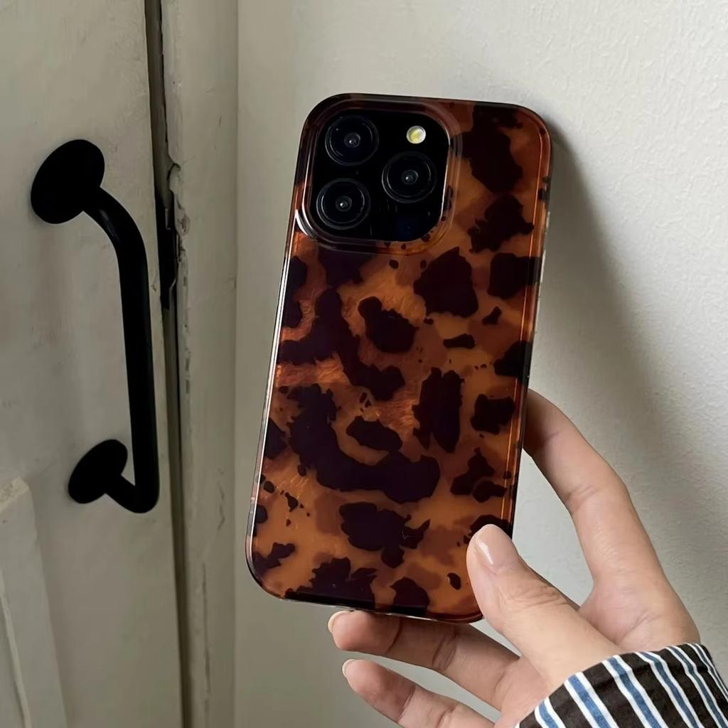 Custodia Laser Retrò con Texture Ambra per iPhone 17 16 Pro Max 15 14 13 12 11 XS XR 7 8 Plus 16E Elegante Stampa Leopardo Copertura Morbida