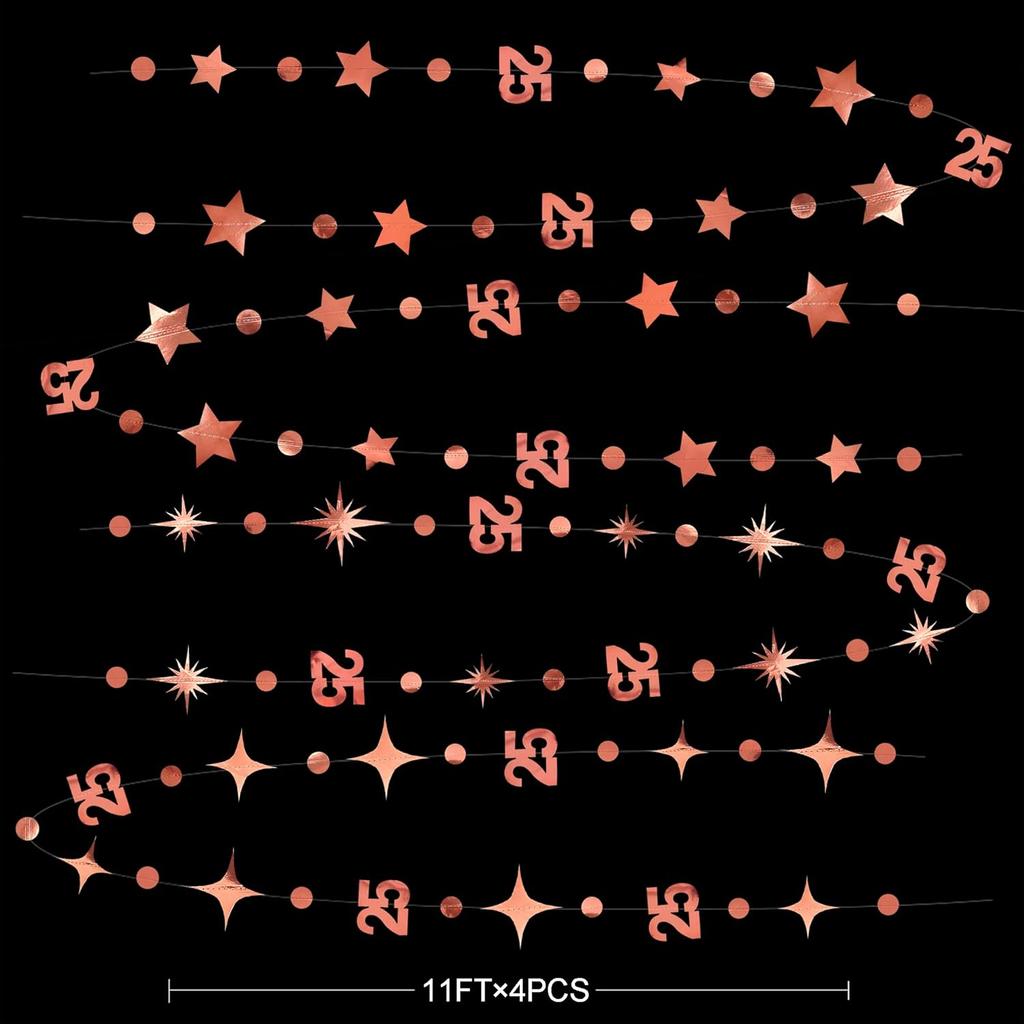 Rose Gold 25th Birthday Decorations Number 25 Circle Dot Twinkle Star Garland Metallic Hanging Streamer Bunting Banner Backdrop for Girls Twenty Five