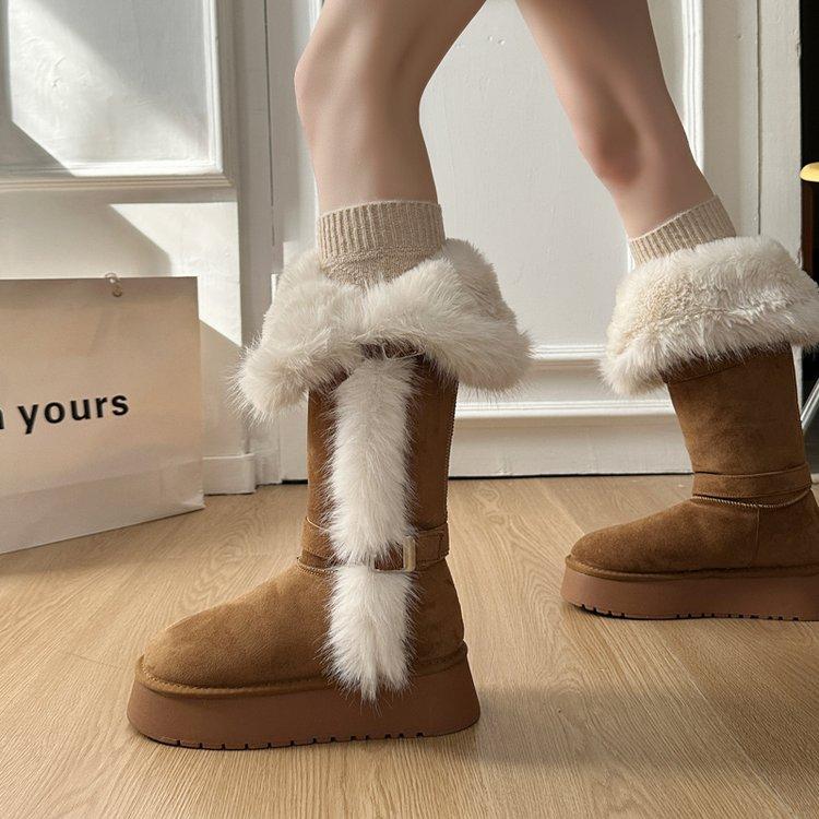 

Women s Winter Thi Bot Long Tube Snow Boots ay Fce Lined Heightening Warm Northeast Cotton oes Korean Sle ort... 35 бежевый