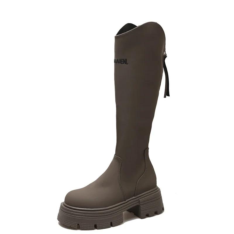 Damen Kniehohe Stiefel Neue Herbst-Winter-Schuhe Frau Lange Stiefel Slip-On Lässig Klobiger Absatz Plateau-Stiefel