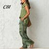Relaxed Fit Drawstring Pants Women Top 2-Piece Set, Summer Ruffle Mock Neck Sleeveless Lightweight Outfits & Plaid Wide Leg Pants, Vintage Loose