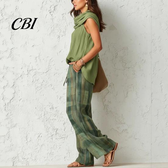 Relaxed Fit Drawstring Pants Women Top 2-Piece Set, Summer Ruffle Mock Neck Sleeveless Lightweight Outfits & Plaid Wide Leg Pants, Vintage Loose