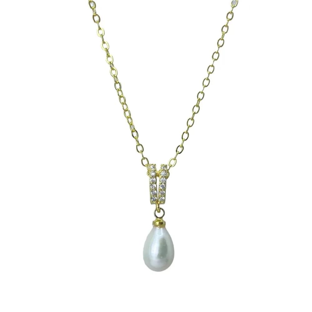 HENGSHENG 6-7mm Rice Shape Freshwater Pearl Pendant Necklaces Jewelry Gift Shine Zircon 45cm Chain Necklaces for Women Girls