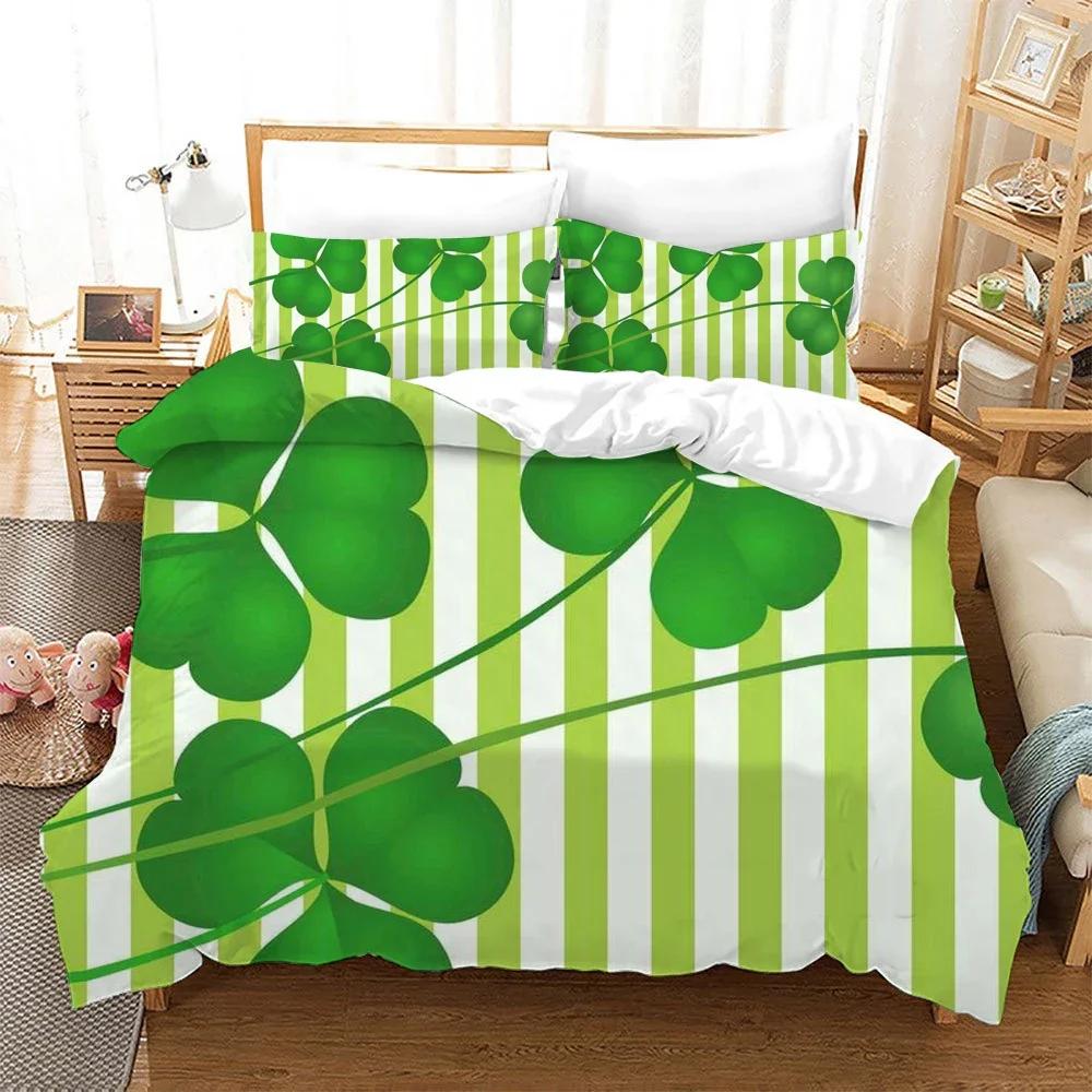 St. Patrick'S Day Duvet Cover Set Lucky Clovers Bedding Set Microfiber Green Four Leaves Clover Comforter Cover Twin Queen Size