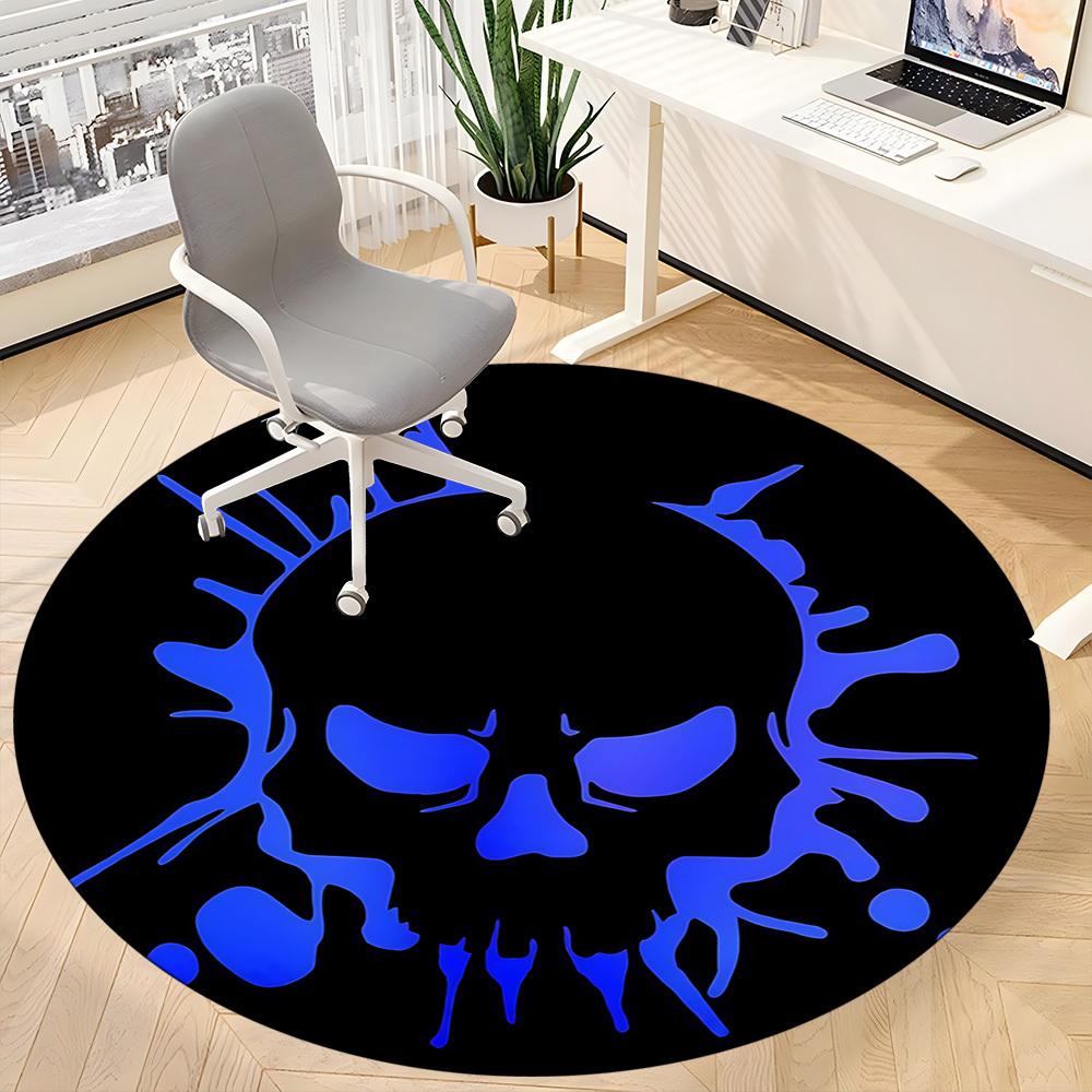 1pc Skull Blue Office Round Area Rug, Under Office Chairs Bedroom Living Room Home Decor, Room Deco