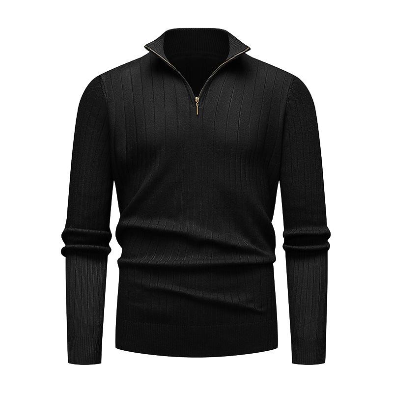 Men's European-American Half-Zip Solid Color Knit Sweater with Vertical Stripes