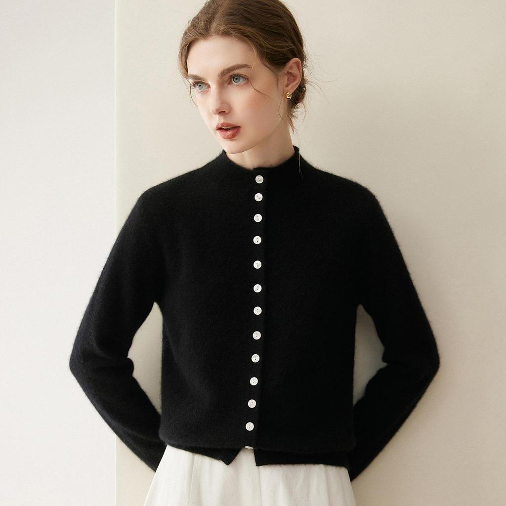 Women's Autumn/Winter 2026 Pure Cashmere Single-Breasted Cardigan - Half-High Neck, Rolled Edge, Gentle Style Base Layer