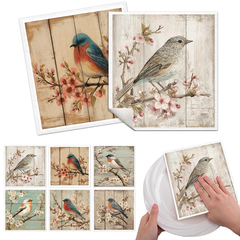Cleaning Cloth Reusable Kitchen Dish Towels Eco-friendly Microfiber Bird Flowers Print Dishcloths Lint Free Washable Duster Rags Tea Towels 9*7inch