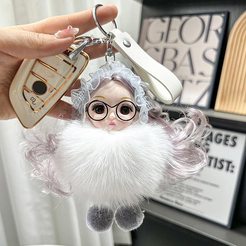 Søt Pompom Nøkkelring Ekte Rev Plysjball Nøkkelring Plysj Brilledukke Anheng Nøkkelholderkjede