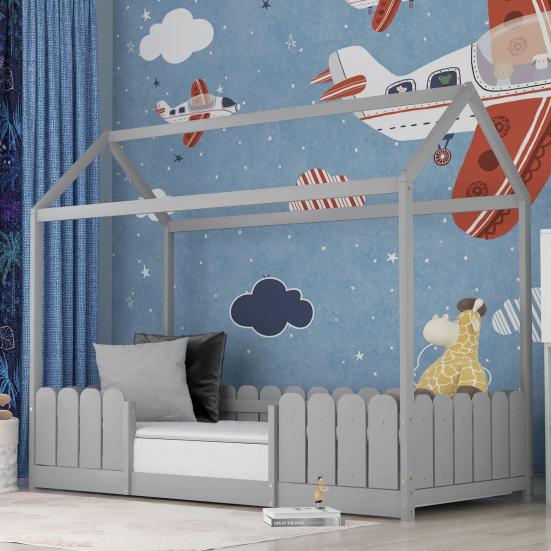 Single Bed Sturdy Construction High Stability Fence Design Mildew-proof Good Load-bearing Anti-fall Smooth Surface Frame Wooden Bedstead Bedroom