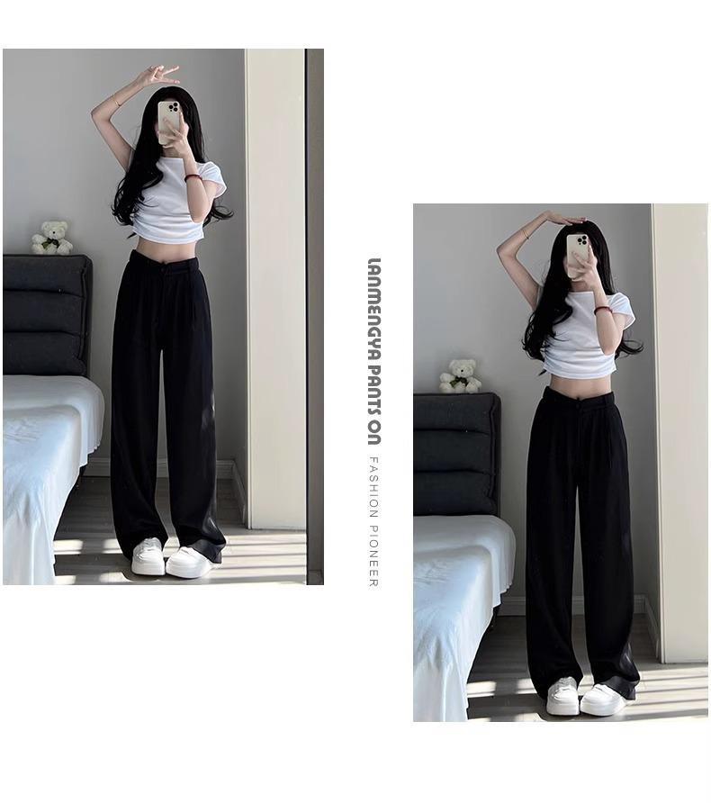 Women's 2024 High-Waist Black Wide-Leg Drape Suit Pants - Slim, Casual, Straight Fit for Spring