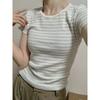 Summer Women's Striped T Shirt Crew Neck Short Sleeve Slim Fit Ribbed Knit Casual Tops