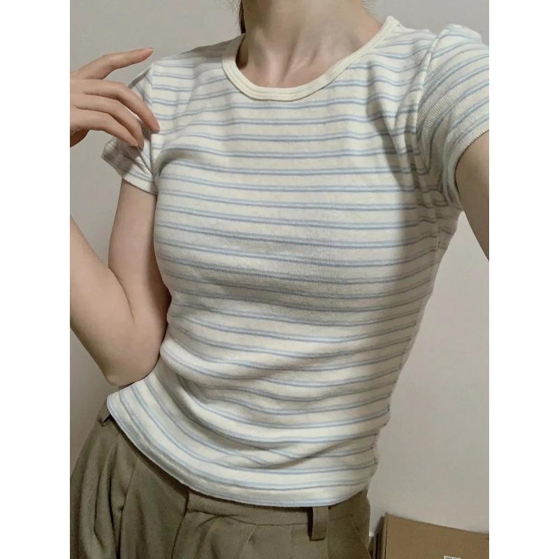 Summer Women's Striped T Shirt Crew Neck Short Sleeve Slim Fit Ribbed Knit Casual Tops