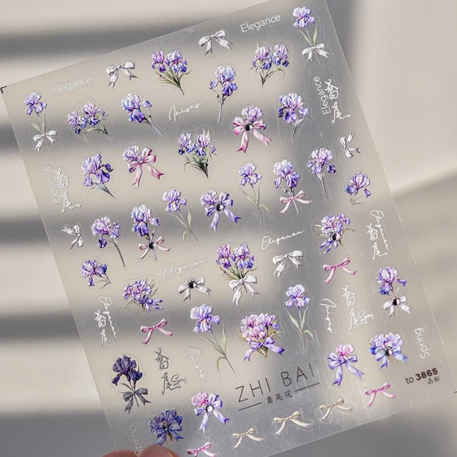 5D Relief Nail Art Stickers Purple Exquisite Iris Flowers Adheisve Decals Manicure Floral Pattern Embossed Decorations