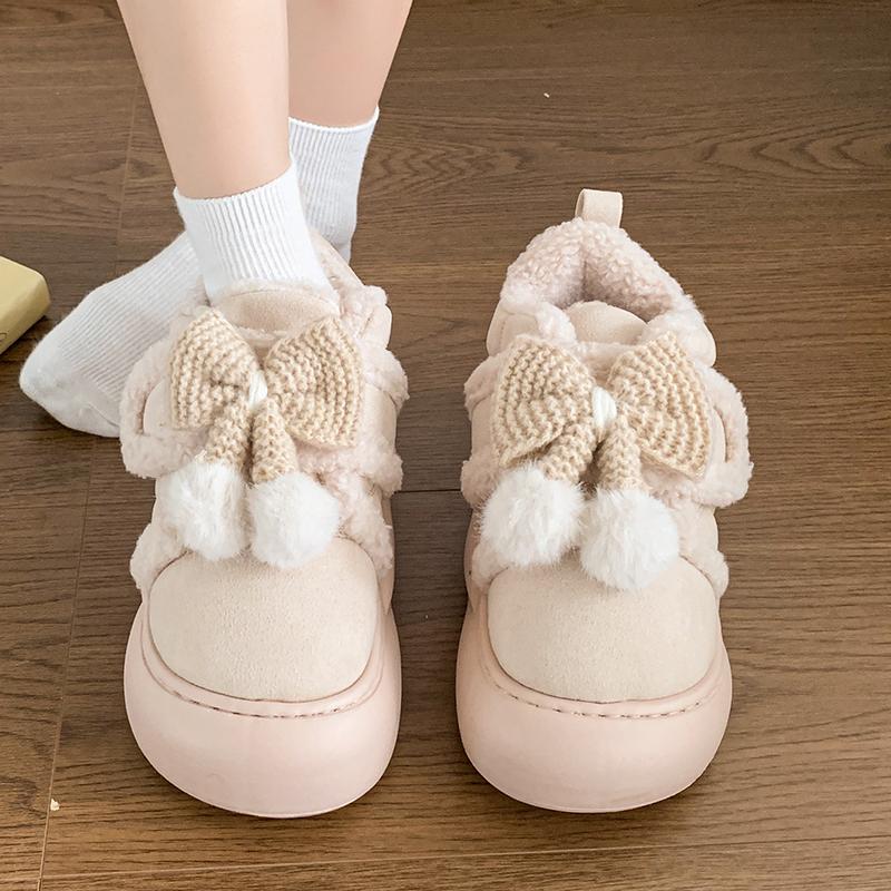 Fashion Cute Fluffy Winter Boots for Women 2025 Faux Fur Bowtie Pink Snow Boots Woman Warm Plush Kawaii Ball Ankle Boots Shoes Woman