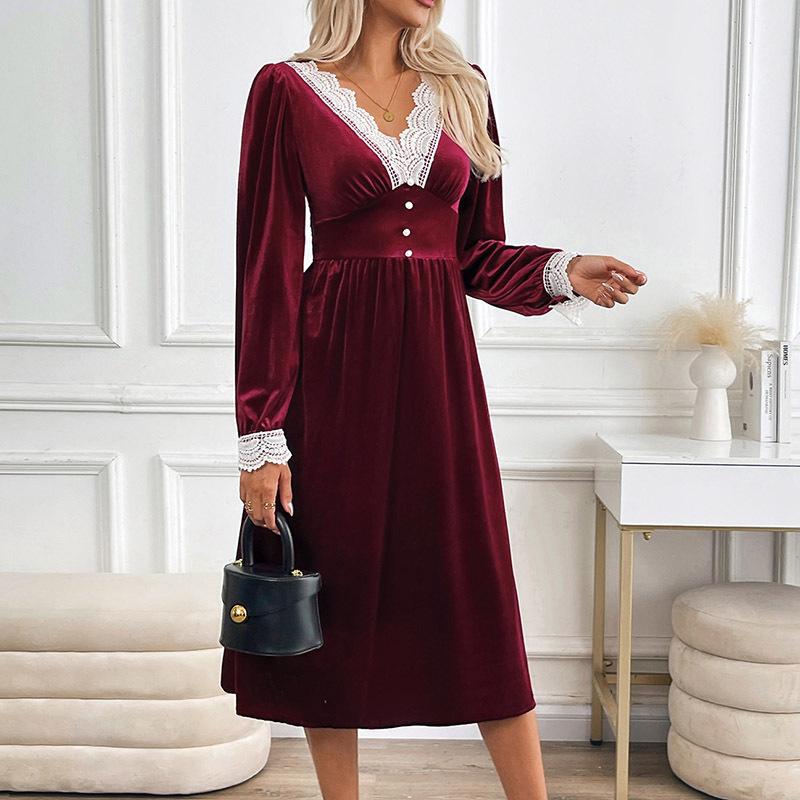 European and American women s clothing autumn and winter party velvet dress autumn and winter lace splicing retro French dress dress S бордовый