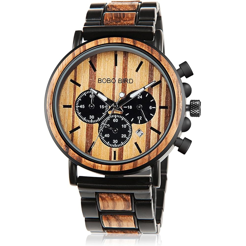 Bobo Bird Men's Stylish Wooden and Stainless Steel Chronograph Military Quartz Casual Watch Black Wood Band