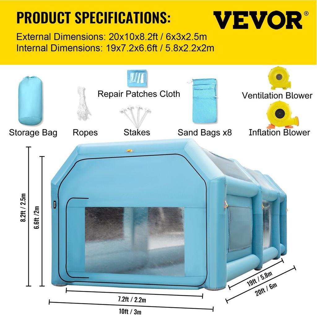 Portable Inflatable Paint Booth, 20x10x8.2ft Inflatable Spray Booth, Car Paint Tent w/ Air Filter System & 2 Blowers, Upgraded Blow Up Spray Booth