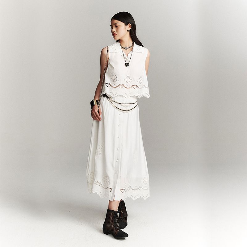 

Blacknini Retro Embroider Sleeveless Shirt/Skirt White-Long Skirt S
