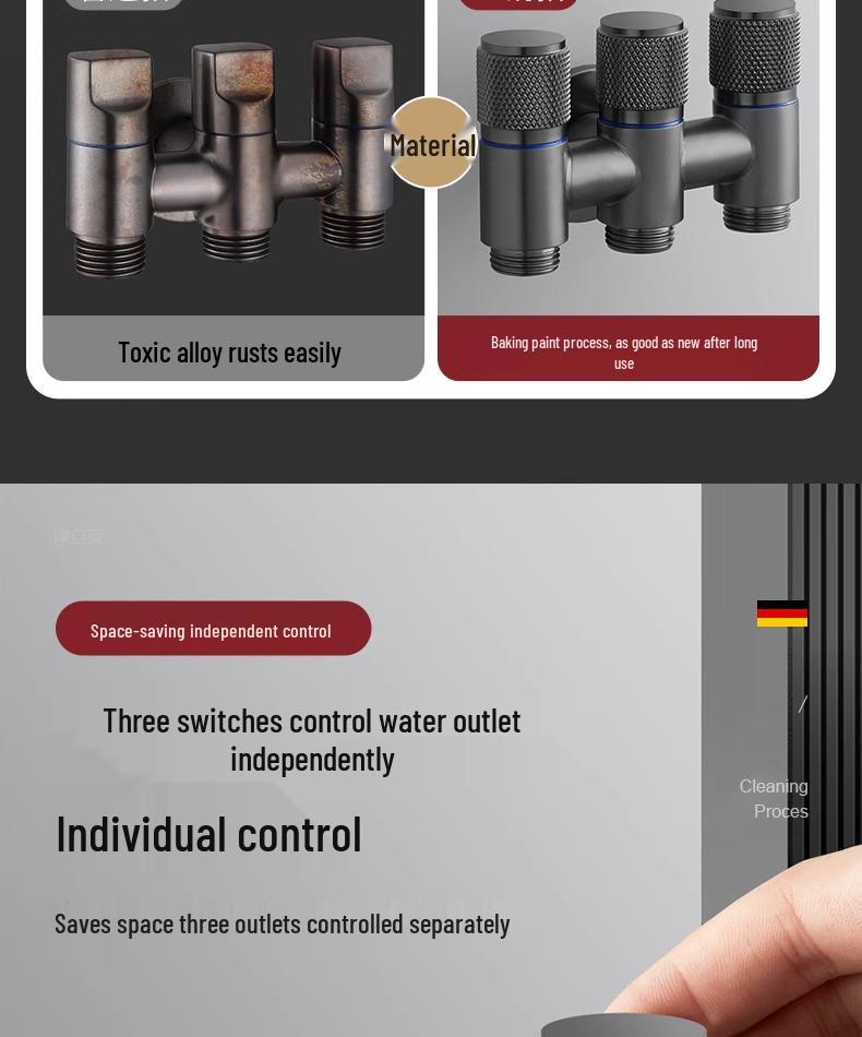 All-Copper Three-Way Diverter Valve with Triple Control Angle Faucet