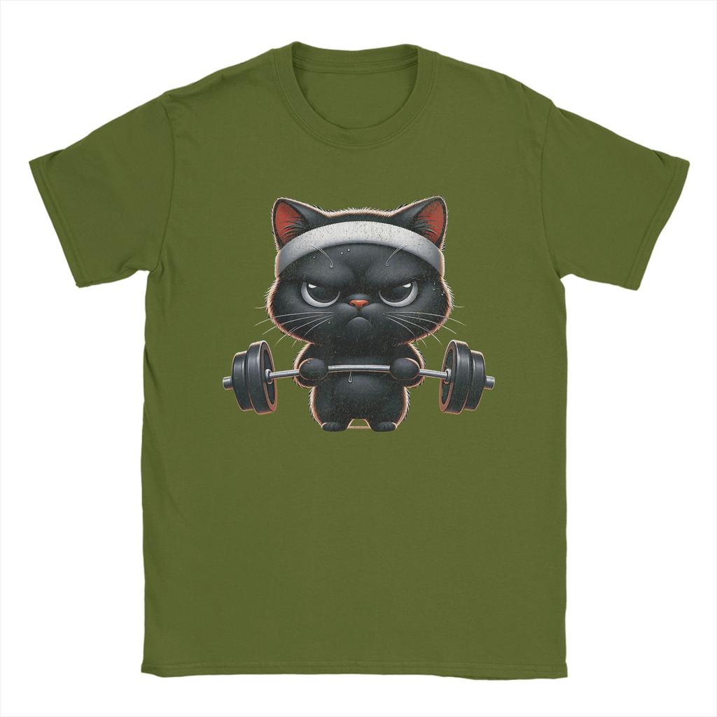 Humorous Funny Workout Cat Gym Fitness TShirt for Men Round Neck Cotton T Shirts  Short Sleeve Tee Shirt Plus Size Tops